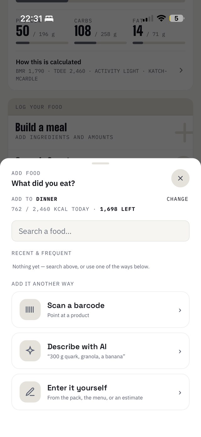 Adding what you ate: search, a barcode, a description, or by hand
