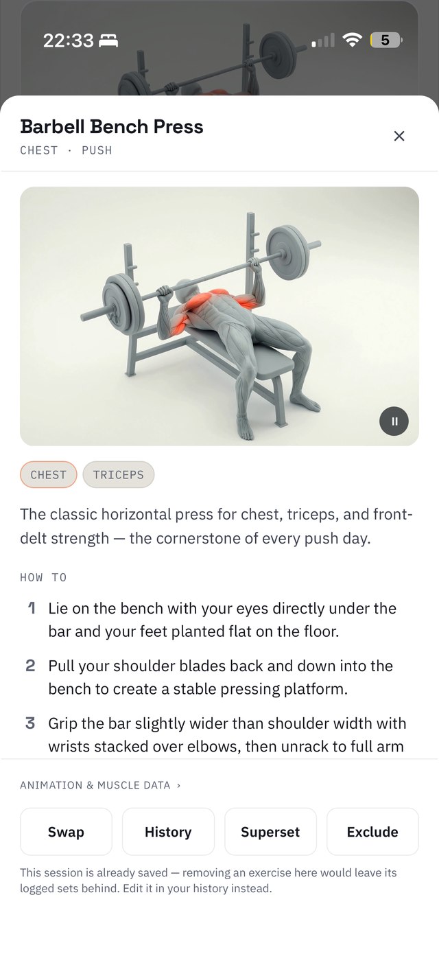 An exercise with its looping clip, its muscle map and how to do it