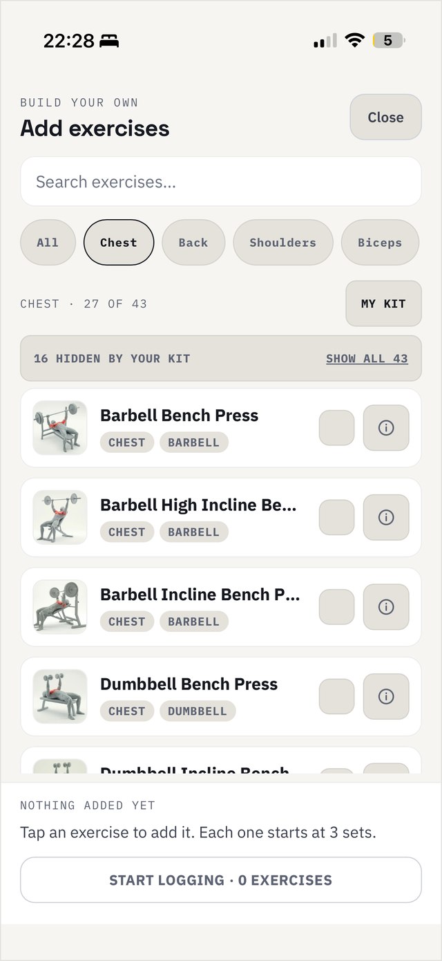 The exercise library, searched and filtered by muscle