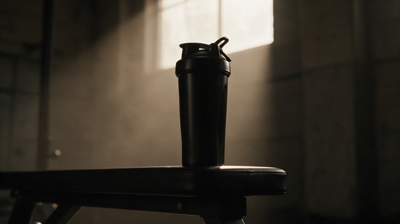 A plain shaker bottle standing on the end of a flat weight bench in a dark concrete hall