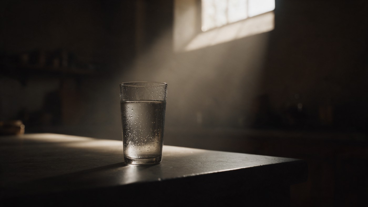 A glass of water beaded with condensation on a dark kitchen counter, lit from a high window