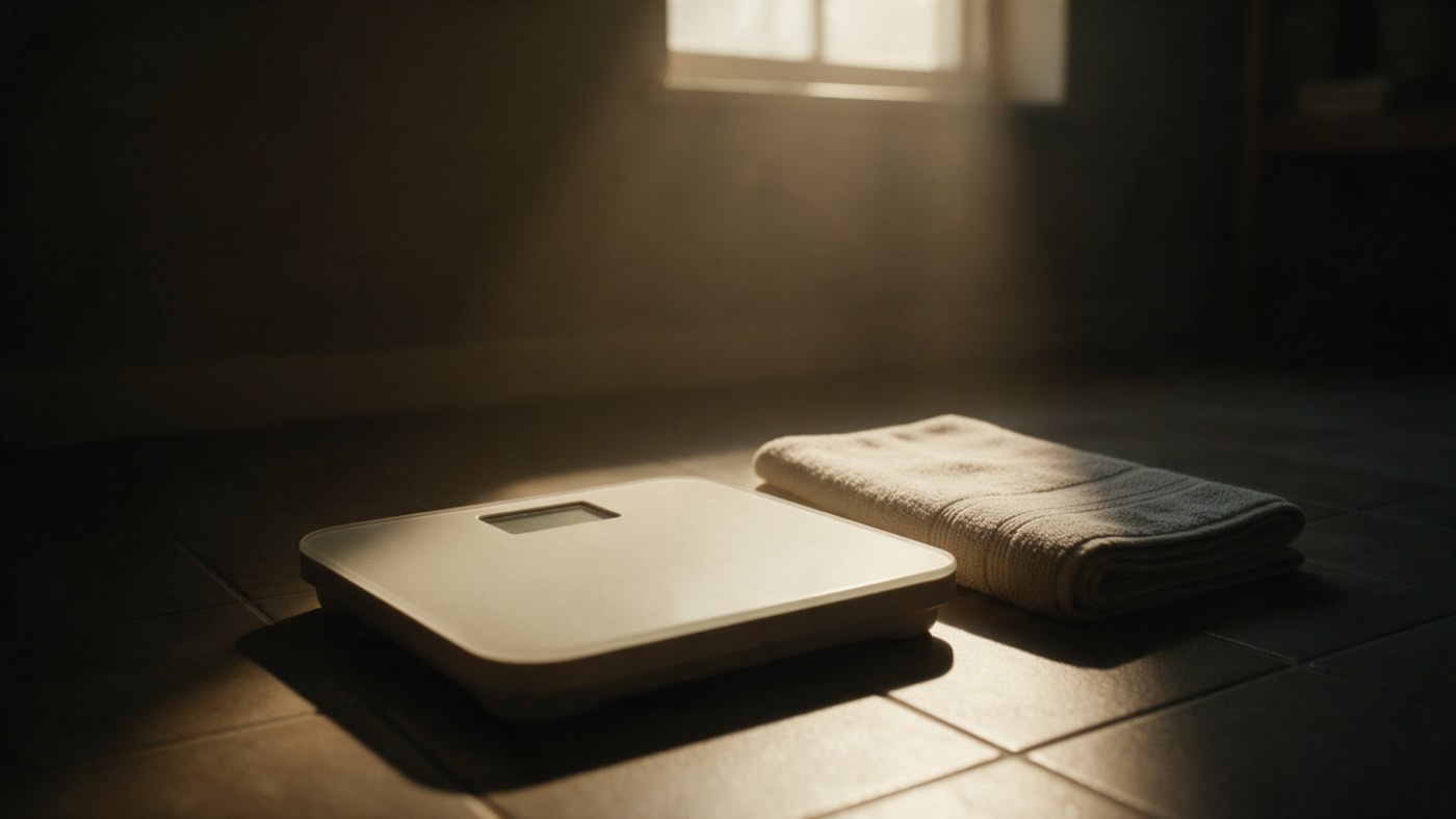 A bathroom scale on a dark tiled floor with a folded towel beside it
