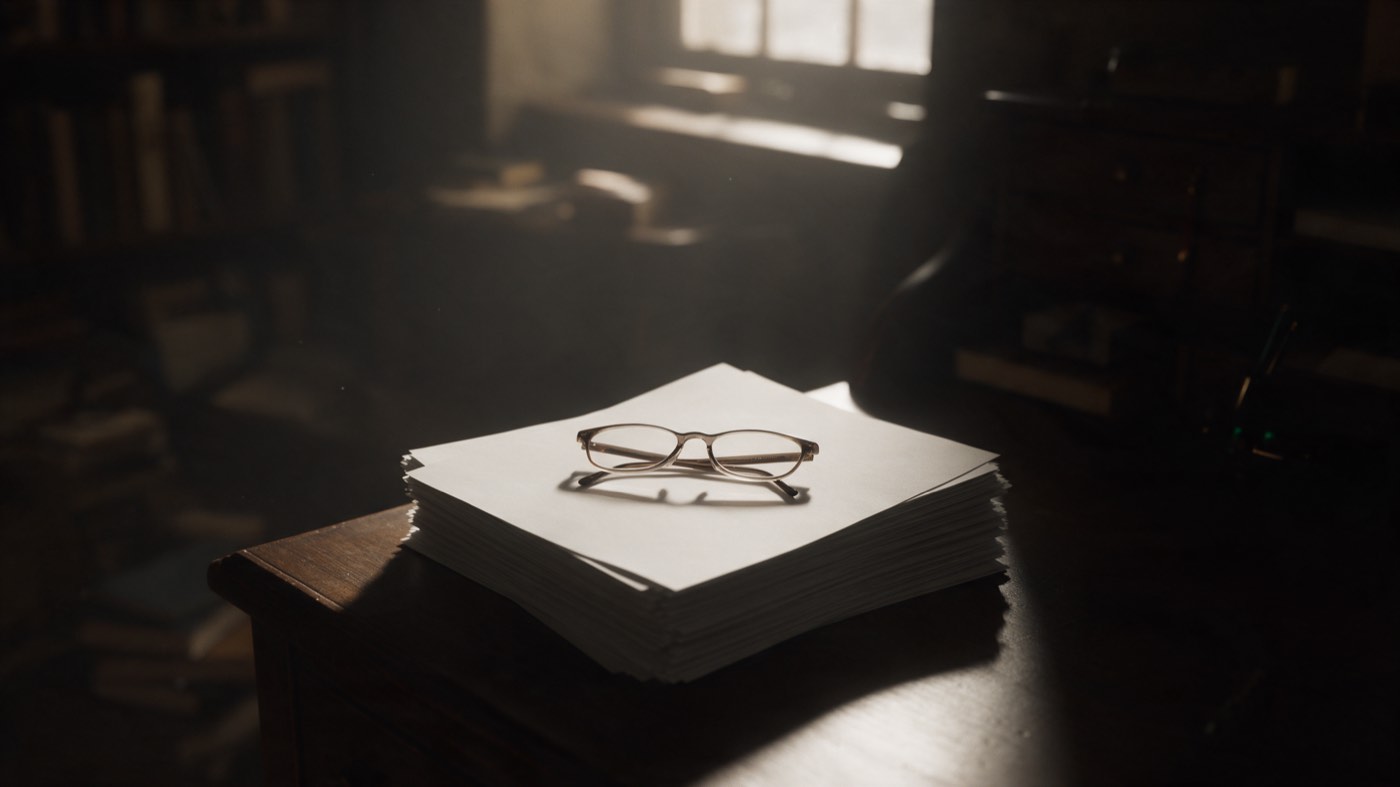 A stack of blank paper with a pair of reading glasses resting on top, on a dark desk