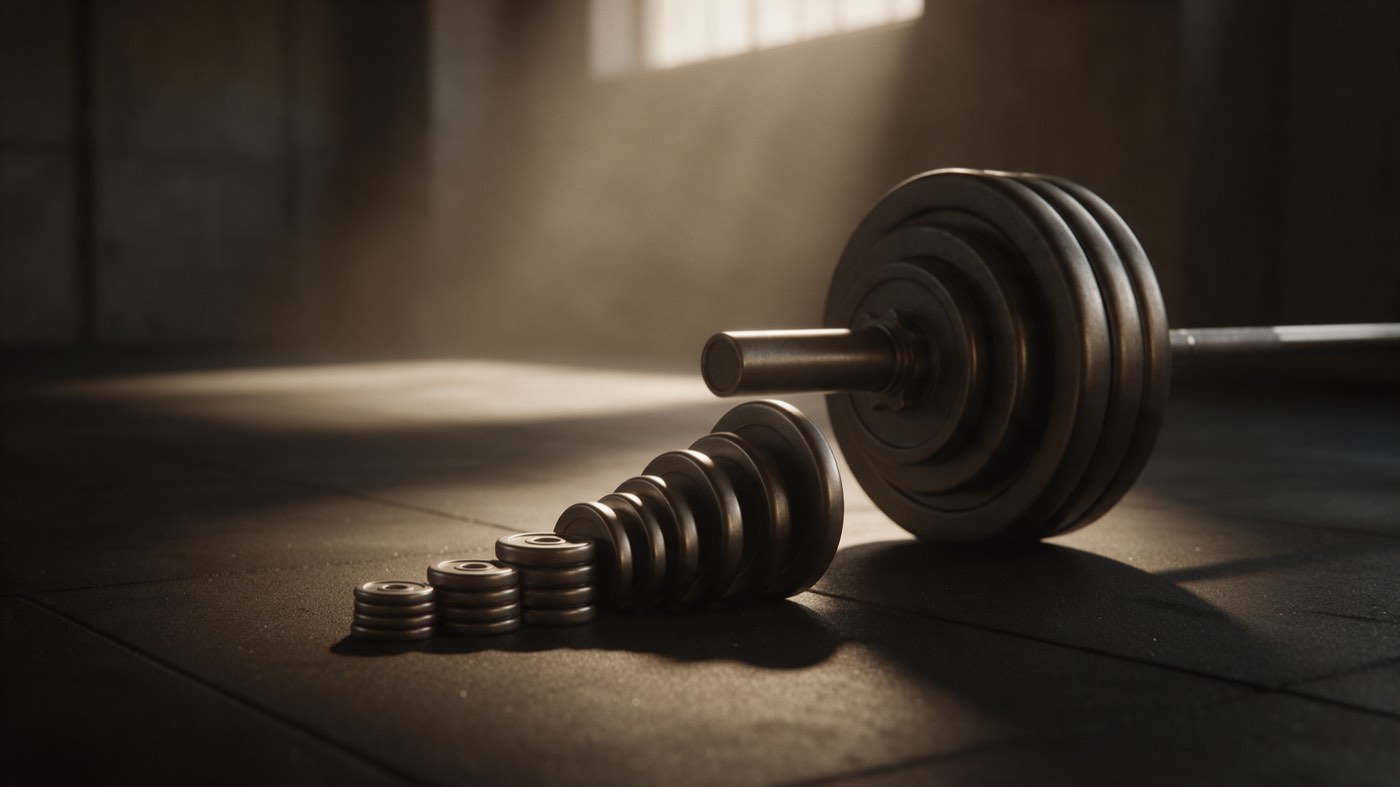 A row of small weight plates rising in size across a dark gym floor, beside the end of a loaded barbell, in a concrete hall lit from a high window