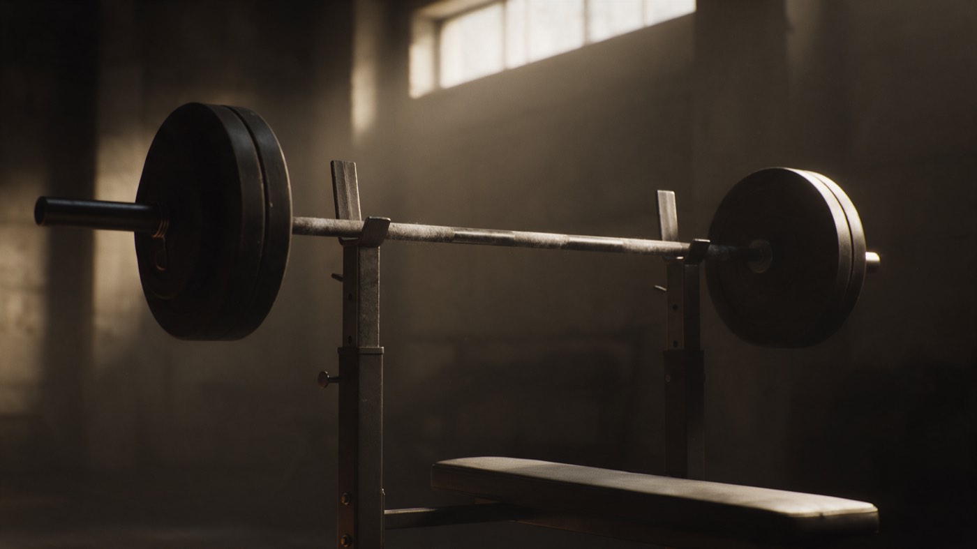 A loaded barbell racked back in the hooks of a rack, chalk dust on the knurling, with an empty bench underneath