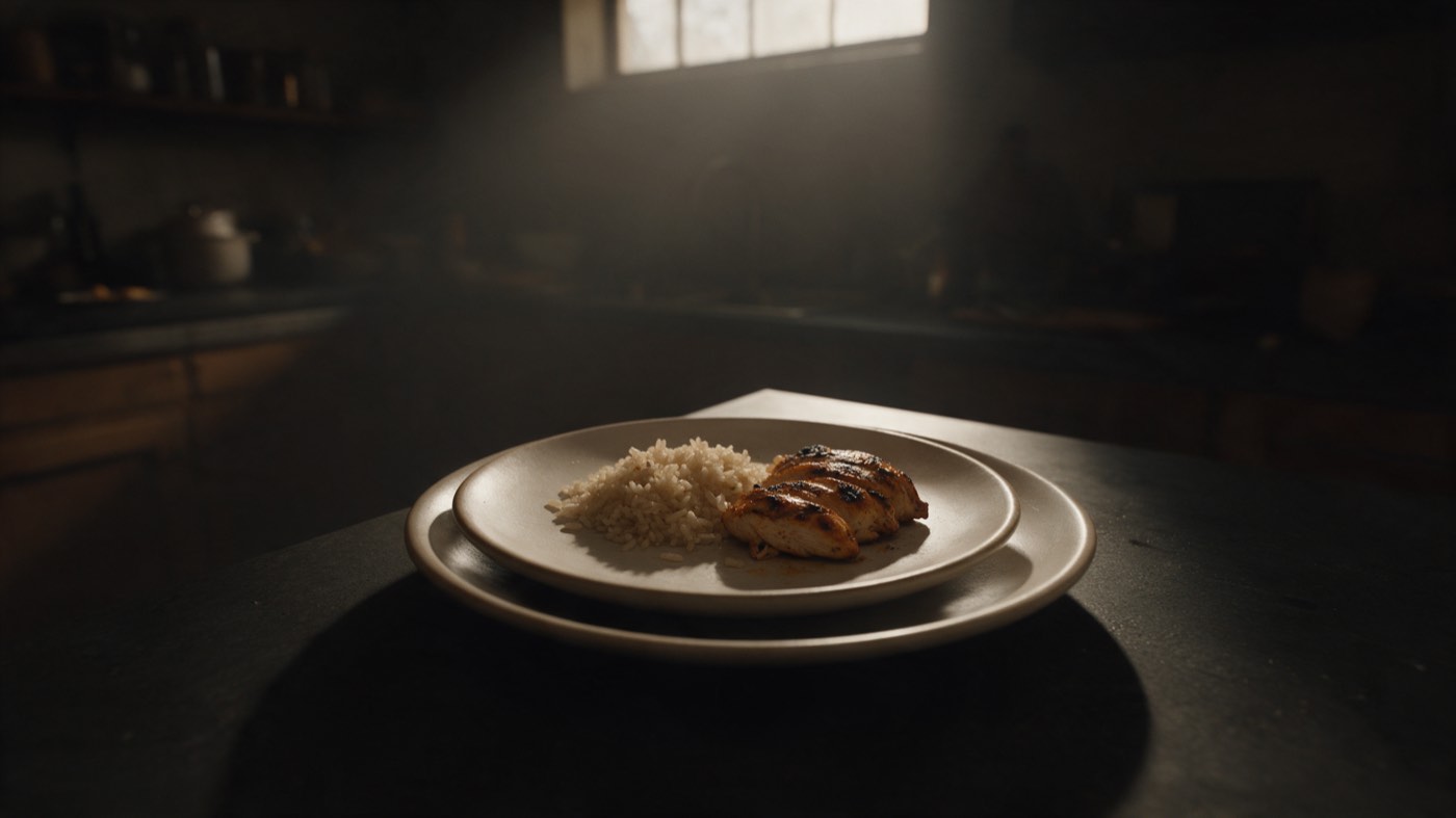A plate of white rice and sliced grilled chicken on a dark kitchen counter, lit by a shaft of light from a window above