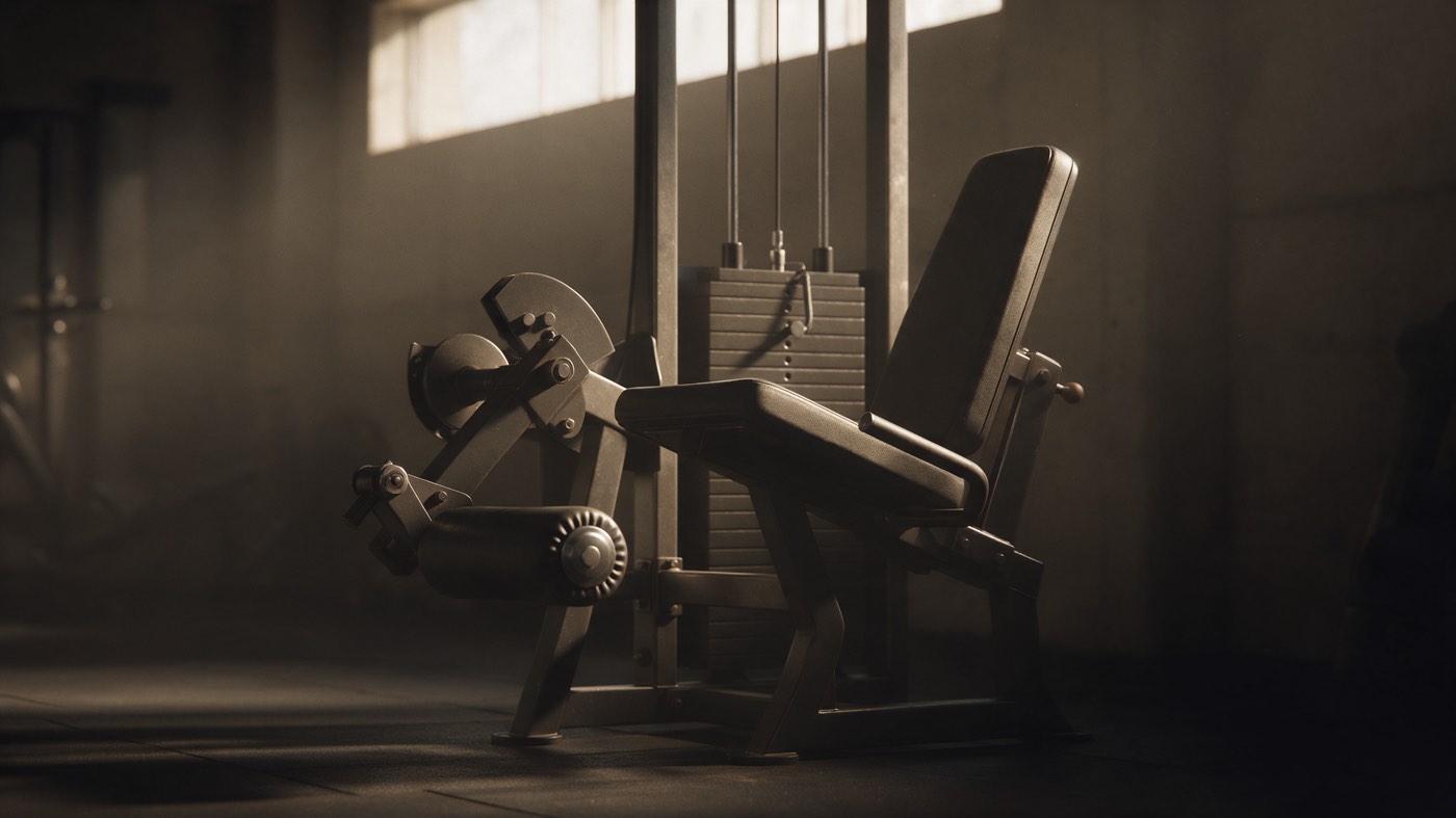 A leg extension machine seen from the side: a padded seat and backrest, an ankle roller on the lever arm and a weight stack behind it, in warm light from a high window