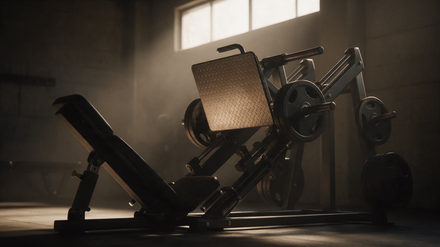 A leg press seen at an angle: the ribbed footplate raised above the sled, loaded plates on either side and the padded seat below, lit from a window above