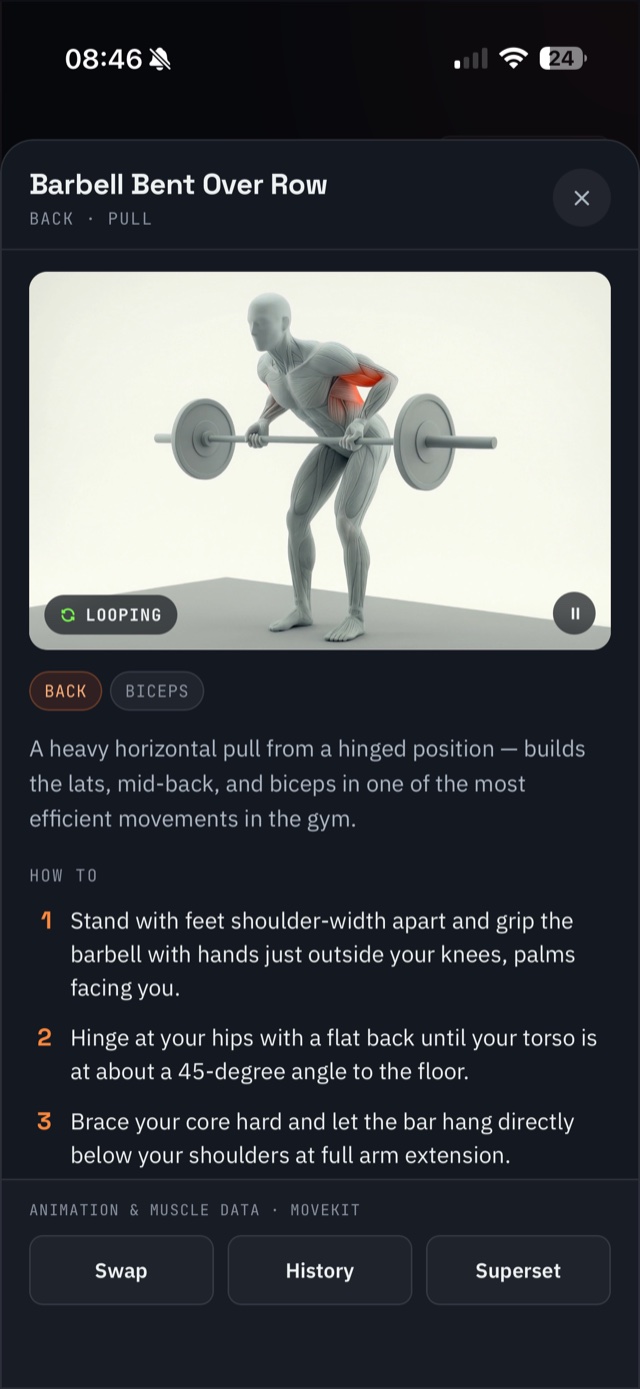 Video and a muscle map, per exercise