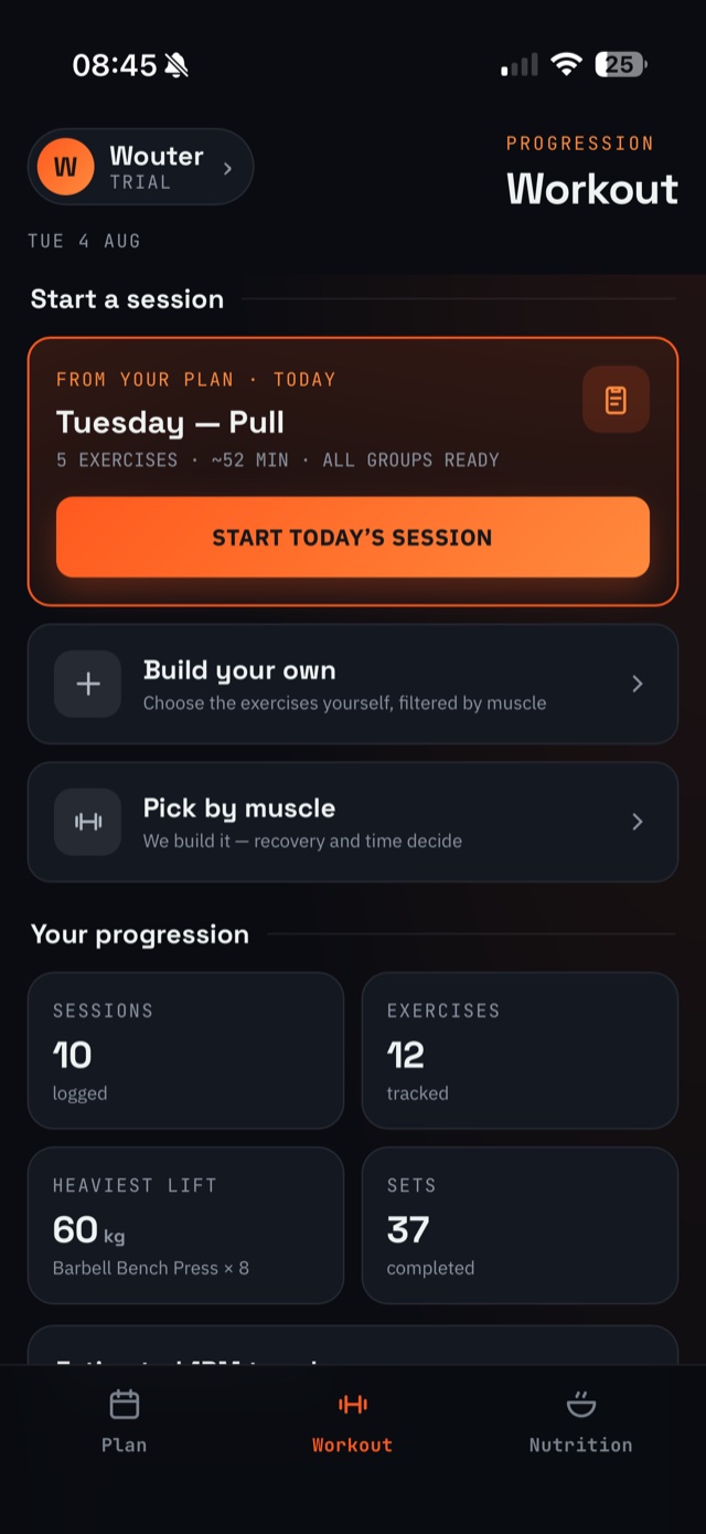 Fitener workout screen: today&rsquo;s session, ready to start